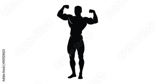 A powerfully built man displays his muscular physique with arms flexed presented as a striking silhouette high quality