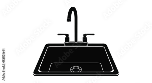 A minimalist depiction of a kitchen sink with two handles presented as a stark black silhouette high quality