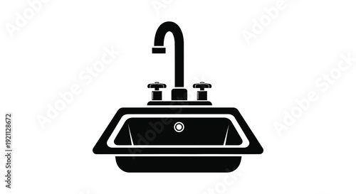 A stark black silhouette depicts a modern bathroom sink with dual handles and drain simple design silhouette