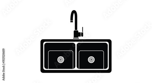 A minimalist black and white illustration depicts a modern kitchen sink with a faucet showcasing a striking silhouette high quality