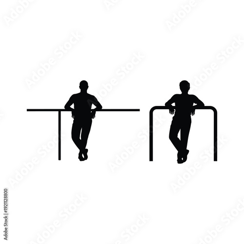 Two Person leaning casually against horizontal bar standing with crossed legs.
