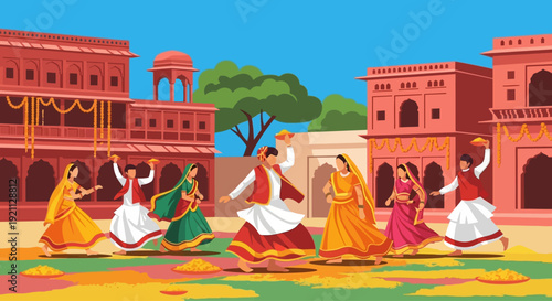 People dancing in traditional Indian attire celebrating a festival.