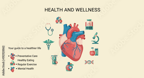 Human Heart Anatomy with Medical and Wellness Icons.
