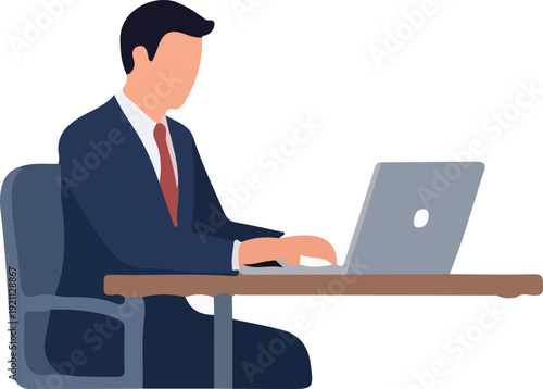 Business man typing on laptop at office desk, professional working on computer, minimal style