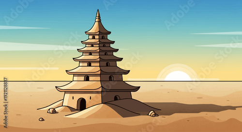 Ancient pagoda structure standing tall in a desert landscape.