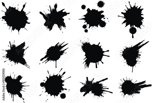 Set of 12 black ink splatter illustrations vector