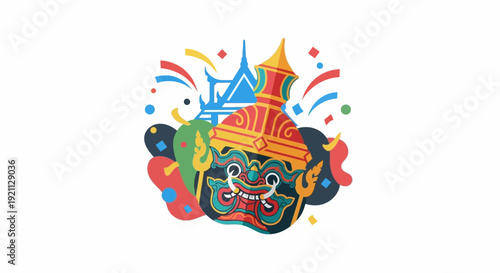 Traditional Thai Giant Mask with Temple Elements and Festive Decorations.