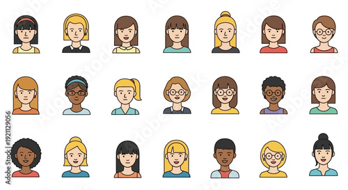 Diverse collection of female avatar icons representing various women.
