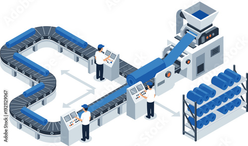 Automated industrial factory production line with workers, conveyor belts, and textile roll manufacturing machinery