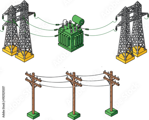 High voltage electrical power substation with transformer, transmission towers, and wooden utility line poles
