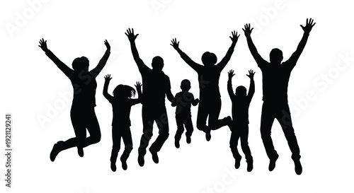 A group of people joyfully jumping in the air with arms raised creating a dynamic and celebratory silhouette