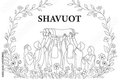 Shavuot Festival Celebration: Minimalist Line Art of Jewish Community Lifting Torah Scroll with Floral Frame