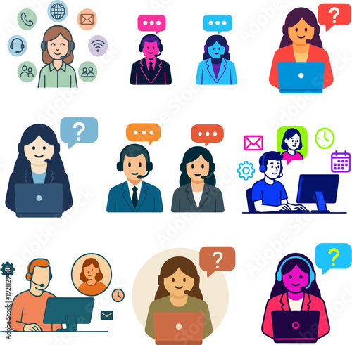 Diverse Illustrations of Customer Service Call Center and Tech Support Agents with Headsets and Computers