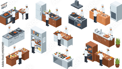 Professional restaurant kitchen staff isometric icons, chefs cooking at culinary stations, food preparation process vector illustration