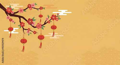 Bild auf Leinwand Vibrant cherry blossom branch with red lanterns on yellow background symbolizing