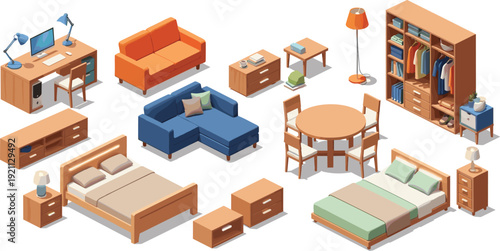 Modern isometric furniture set for home interior, bedroom, living room, and office workspace vector illustration