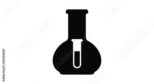 A stark black silhouette depicts a round bottom flask containing a liquid showcasing scientific equipment silhouette high quality professional