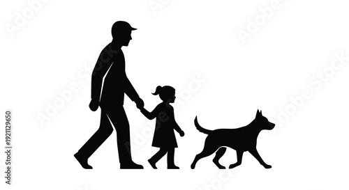 A father and daughter walk their dog together a heartwarming scene captured in black a silhouette high quality