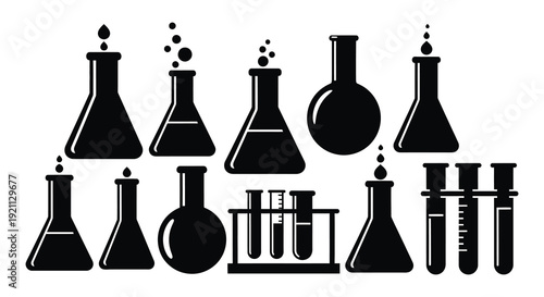 A collection of various laboratory glassware depicted in a stark black silhouette style silhouette high quality professional detailed