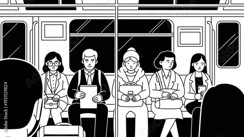 diverse commuters riding a subway train illustrating urban public transportation daily city life and routine journeys in black and white art.