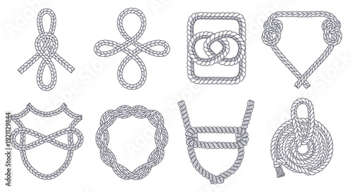 detailed illustrations of diverse nautical rope knots and decorative patterns on white perfect for maritime craftsmanship and sailing designs.
