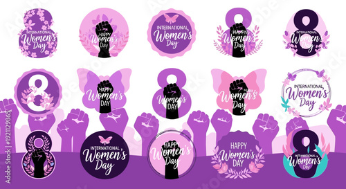 Women's day purple icons set with raised fists and empowering messages on white background for social media