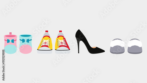 different footwear types arranged as a timeline symbolizing the journey of life from infancy to adulthood and old age.