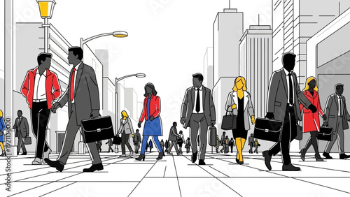 diverse business people walking on a busy city street an illustration depicting daily commute professional life and urban mobility.