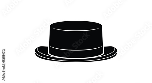 A striking black top hat is prominently displayed against a white background creating a bold silhouette high quality