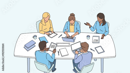 diverse business team collaborating at a conference table using laptops and tablets for effective strategic communication.