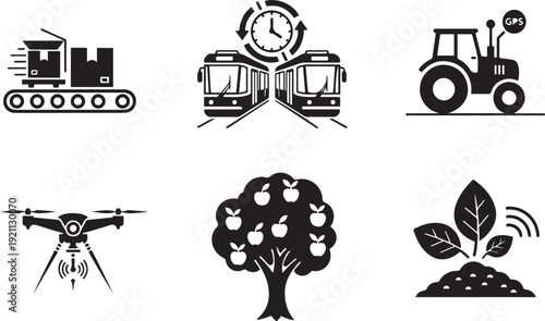 Collection of six black and white representing logistics transportation agriculture and technology
