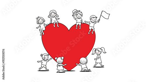 diverse cartoon children happily surrounding a vibrant red heart symbolizing childhood support global community love and friendship.