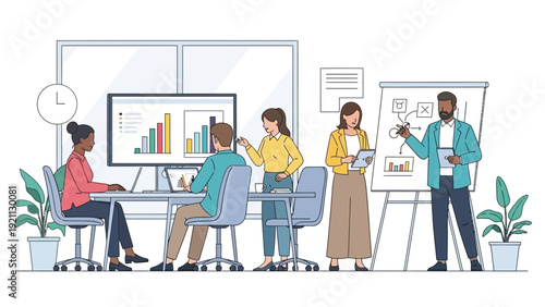 diverse business team collaborating on data analysis in a modern office a presenter explains strategy on a whiteboard demonstrating productive teamwork.