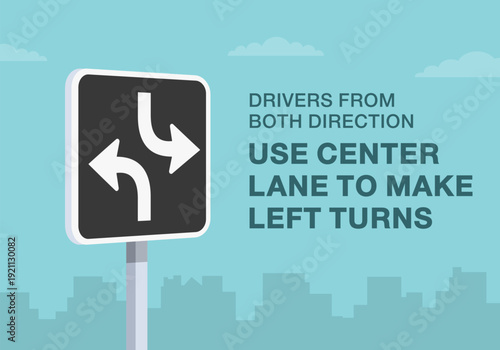 Safe driving tips and traffic regulation rules. Close-up of canadian "two-way left turn lane" sign meaning. Flat vector illustration template.