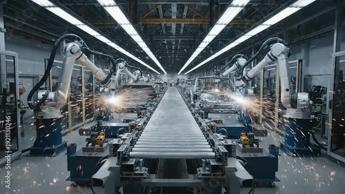Robotic arms actively assembling on a modern automated factory line
