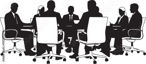 Silhouetted business people gathered around a conference table business meeting discussion teamwork collaboration
