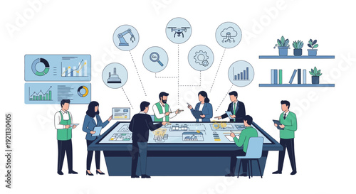 Diverse team collaborating around a large interactive table with digital displays.