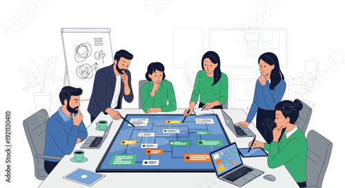 Diverse team collaborating around a digital interactive table.