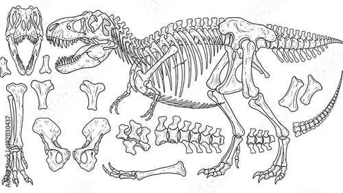 Illustration of a dinosaur skeleton with labeled bones. Detailed T-Rex bones, including skull, ribs, spine, and limbs, highlighted in black and white line art.