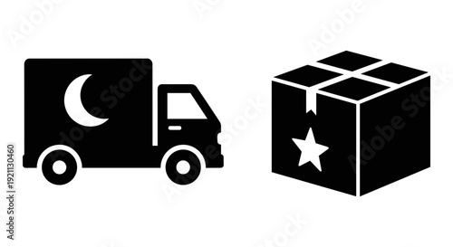 Overnight delivery truck transporting a gift-wrapped package with a star.