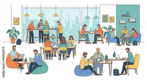 Diverse group of people collaborating and working in a modern co-working space.