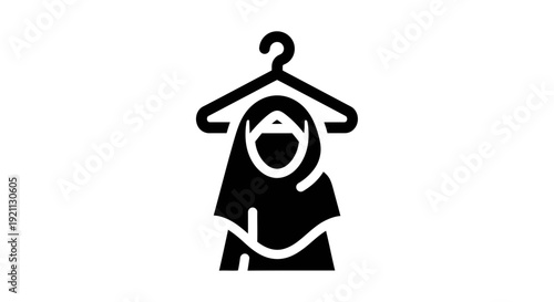 Minimalist black icon depicting a woman wearing a hijab on a hanger, symbolizing modest fashion and cultural identity