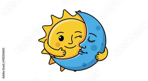 Joyful sun and moon characters sharing an affectionate hug, representing a harmonious celestial bond