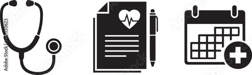 Stethoscope medical chart with pen and calendar with plus sign health document