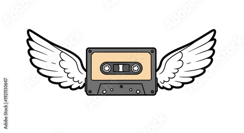 Vintage audio cassette tape with angelic wings taking flight, symbolizing retro music freedom and nostalgic sound