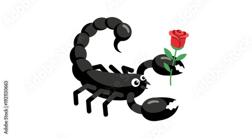 Charming cartoon scorpion holding a vibrant red rose, a whimsical symbol of unique affection and unexpected romance