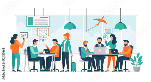 Diverse group of professionals collaborating in a modern office setting.