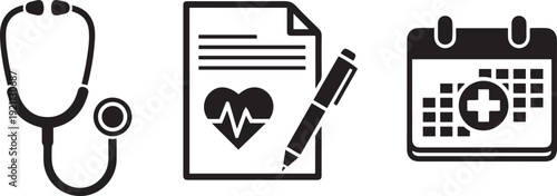 Stethoscope medical document with heart rhythm and calendar with cross