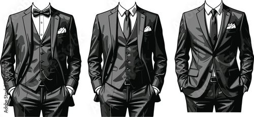 Three men in dark suits with white shirts and pocket squares tuxedo formal wear men's fashion clothing