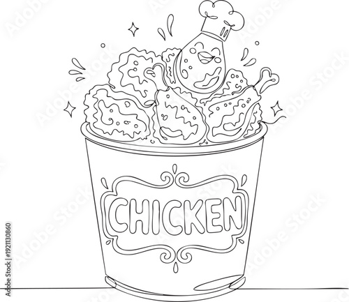 Bucket of fried chicken with cute chef character mascot line drawing minimalist vector illustration isolated on white background
